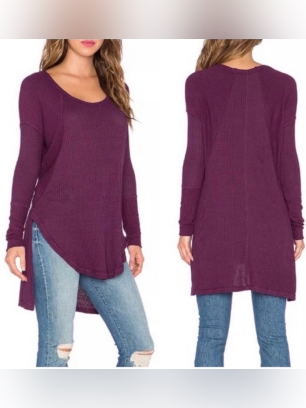 Free People high low long sleeve fitted arms waffle top